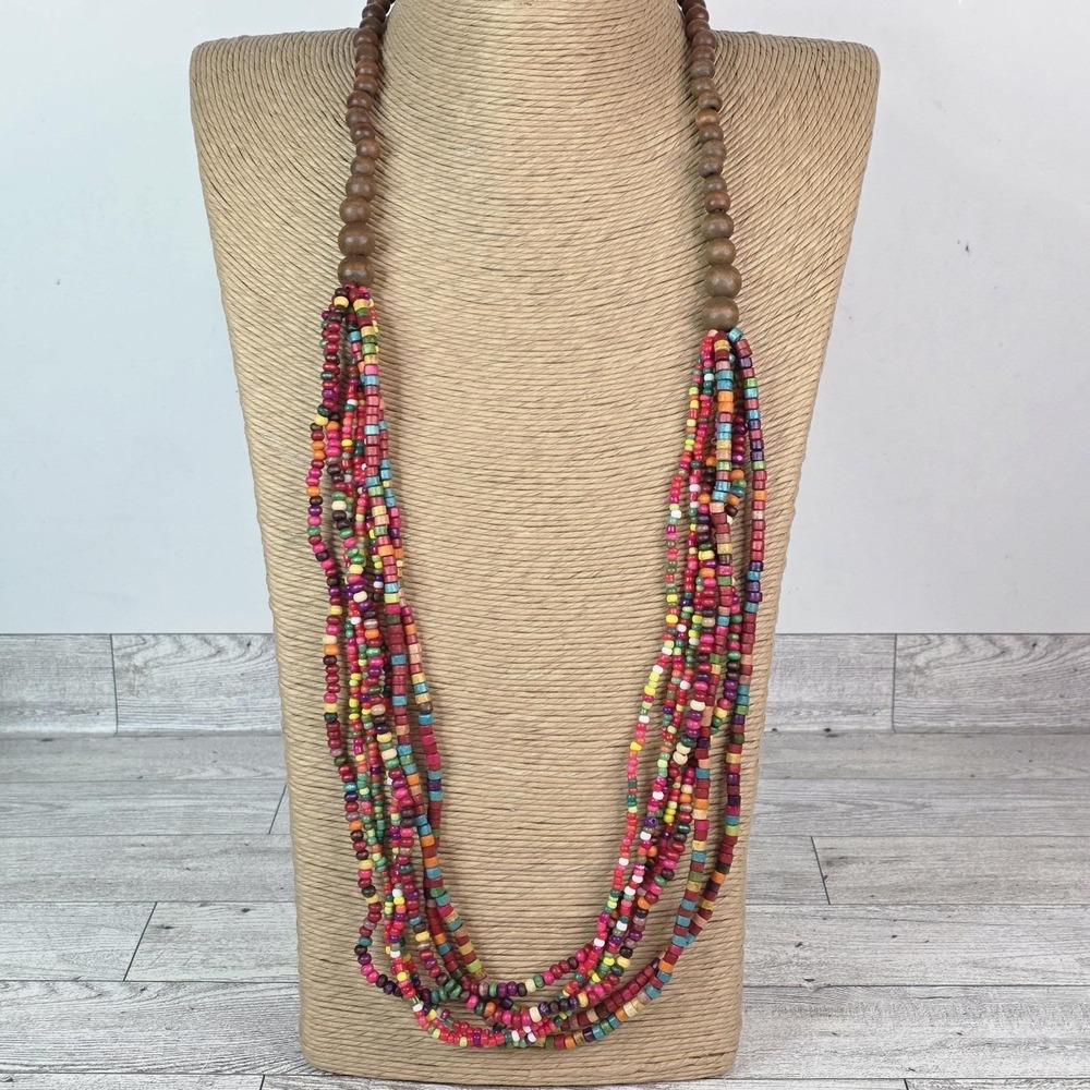 Handmade Multi-Strand Beads Wood Necklace Boho Colorful Artisan Statement 16"